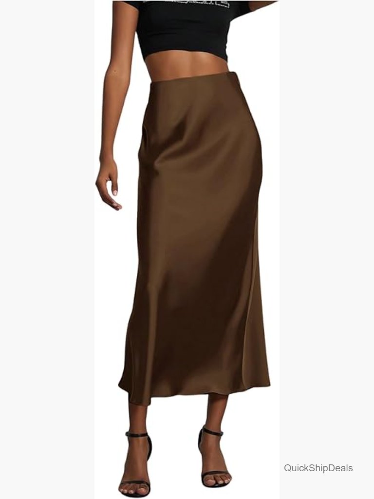 Elegant Satin High Waisted Flared Midi Skirt